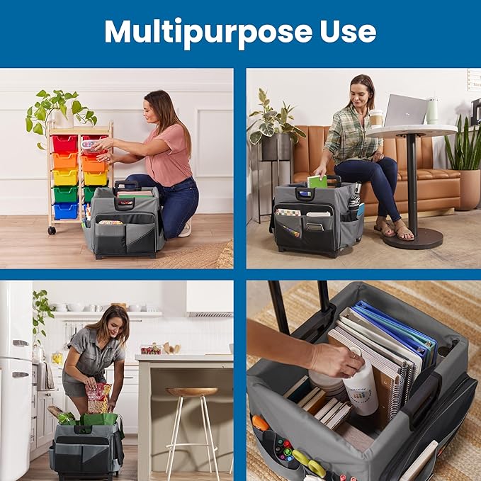 ECR4Kids Universal Rolling Cart with Canvas Organizer Bag, Mobile Storage, Black/Grey