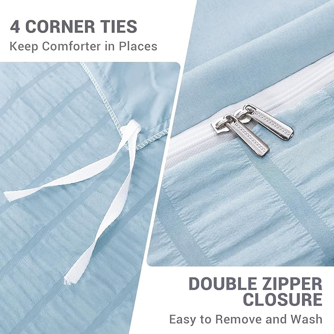 HYMOKEGE Lake Blue Duvet Cover Queen Size, Ultra Soft 3-Piece Seersucker Duvet - Image 5