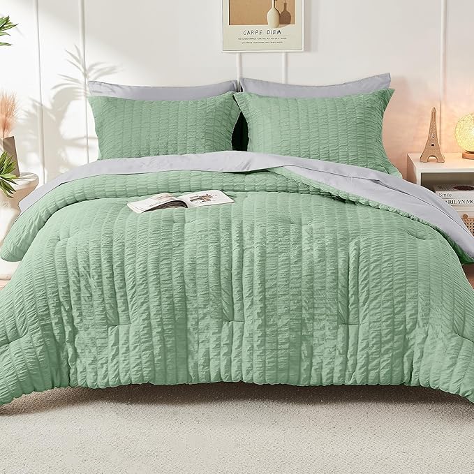 HYMOKEGE Sage Green/Light Grey California King Comforter Set Seersucker 7 Pieces - Image 9