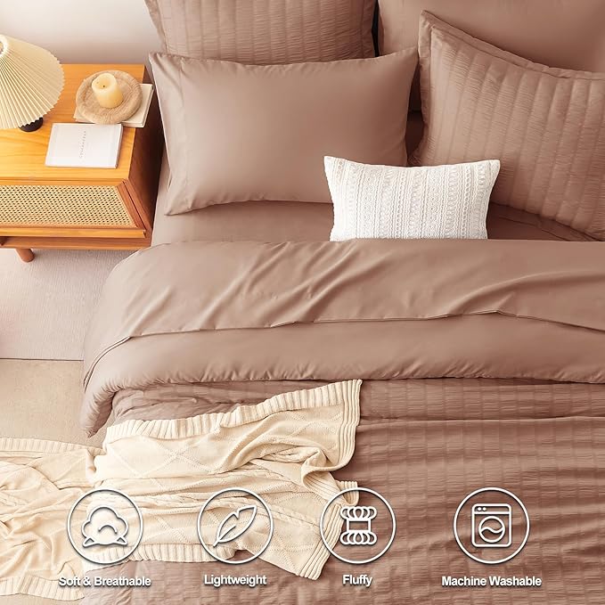 CozyLux King Size Comforter Set Mocha Mousse Seersucker 7 Pieces Bed in a Bag - Image 2