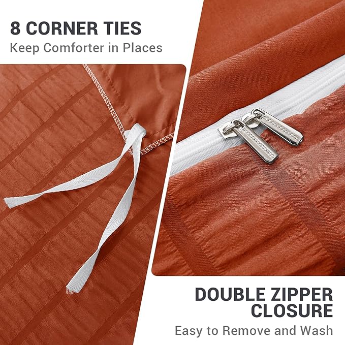 HYMOKEGE Burnt Orange Duvet Cover Queen Size, Ultra Soft 3-Piece Seersucker - Image 5