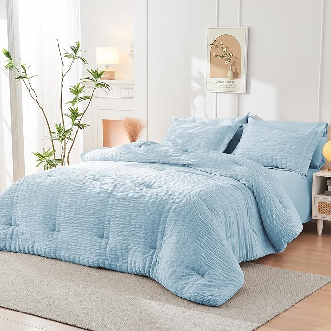 HYMOKEGE Lake Blue Duvet Cover Queen Size, Ultra Soft 3-Piece Seersucker Duvet - Image 6