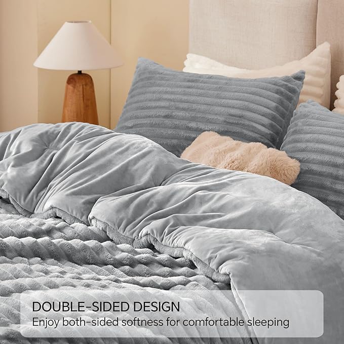 BEDELITE Fleece Twin Comforter Set -Super Soft & Warm Fluffy Light Grey Bedding - Image 5
