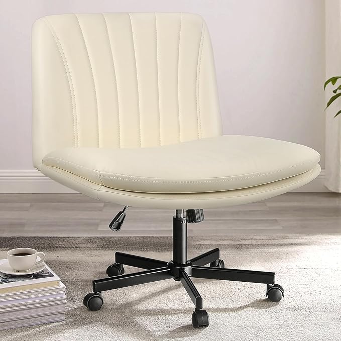PUKAMI Criss Cross Chair with Wheels,Armless Cross Legged Office Desk Chair,PU Leather Modern Swivel Height Adjustable Wide Seat Computer Task Vanity Chair for Home Office(Beige)