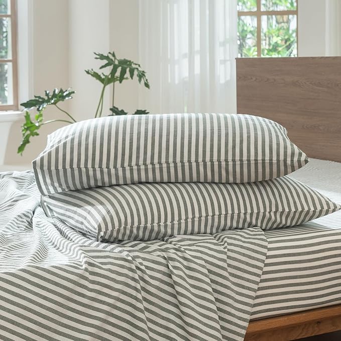 MooMee Striped Duvet Cover Set 100% Washed Cotton Linen Like Textured - Image 8