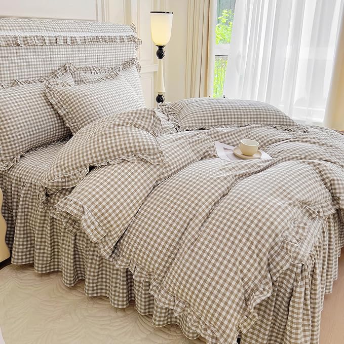 mixinni Tan Gingham Ruffle Duvet Cover King Size 3 Pieces – 100% Washed Cotton - Image 5