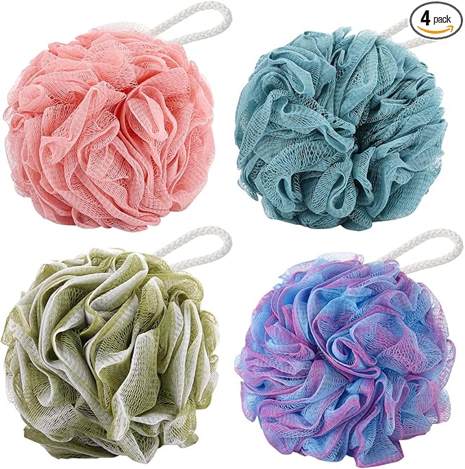 BTYMS 4Pcs Loofah Sponge 60g/pc Bath Puffs Shower Scrunchies Mesh Pouf by BTYMS
