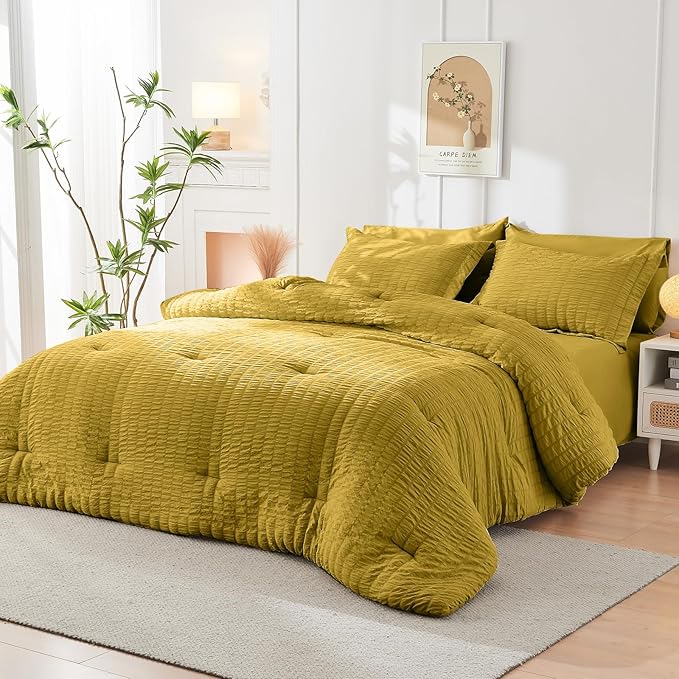 HYMOKEGE Mustard Yellow Twin XL Comforter Set Seersucker 5 Pieces, All Season - Image 8