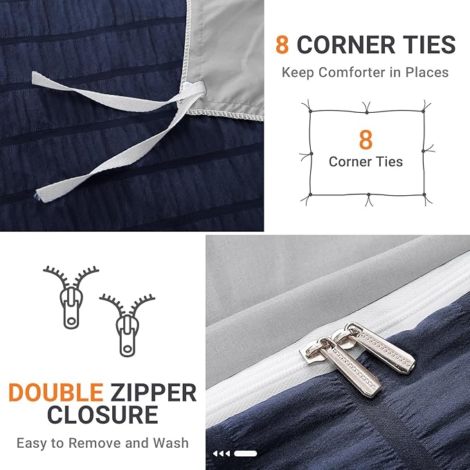 HYMOKEGE Navy Blue/Light Grey Duvet Cover Queen Size, Ultra Soft 3-Piece - Image 5