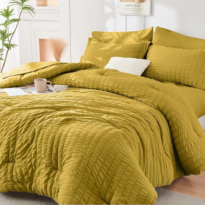 HYMOKEGE Mustard Yellow Queen Comforter Set Seersucker 7 Pieces, All Season by HYMOKEGE