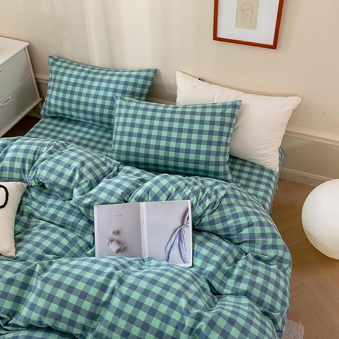 mixinni Green Gingham Grid Duvet Cover King, 100% Washed Cotton Modern - Image 4