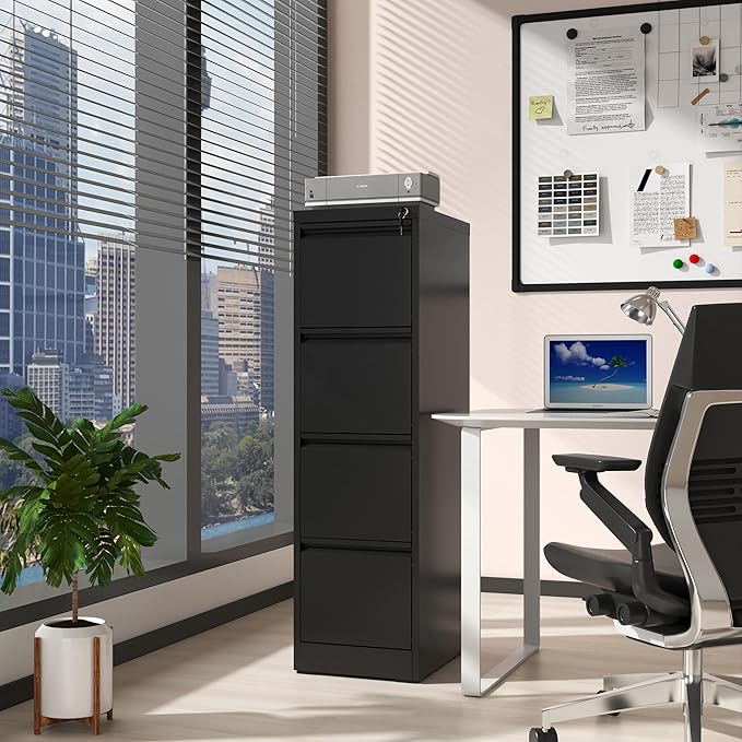 Reegangfa 4 Drawer File Cabinet with Lock, 18" D Metal Vertical Filing Cabinets, Steel File Storage Cabinets for Home Office, Hanging A4 Legal/Letter Size Narrow File Cabinet, Assembly Required