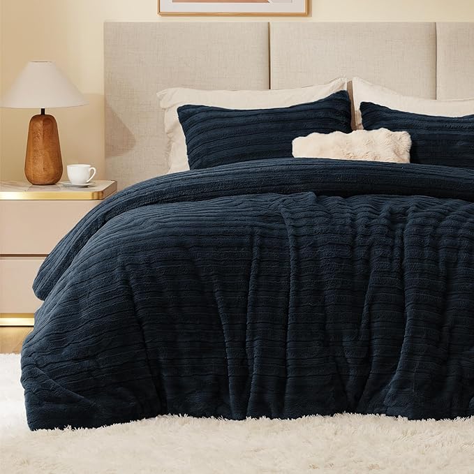 BEDELITE Fleece King Comforter Set -Super Soft & Warm Fluffy Navy Faux Fur by BEDELITE