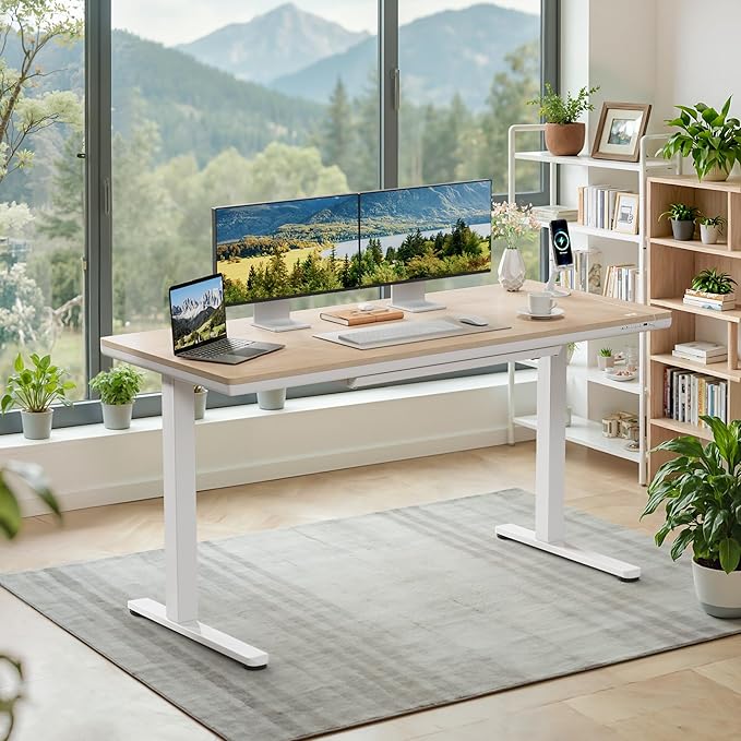 Furmax Electric Standing Desk with Drawers, Adjustable Height Sit Stand Desk with One-Piece Desktop & USB Charging Port for Home Office Computer Desks (Bamboo Desktop, 55 Inch)