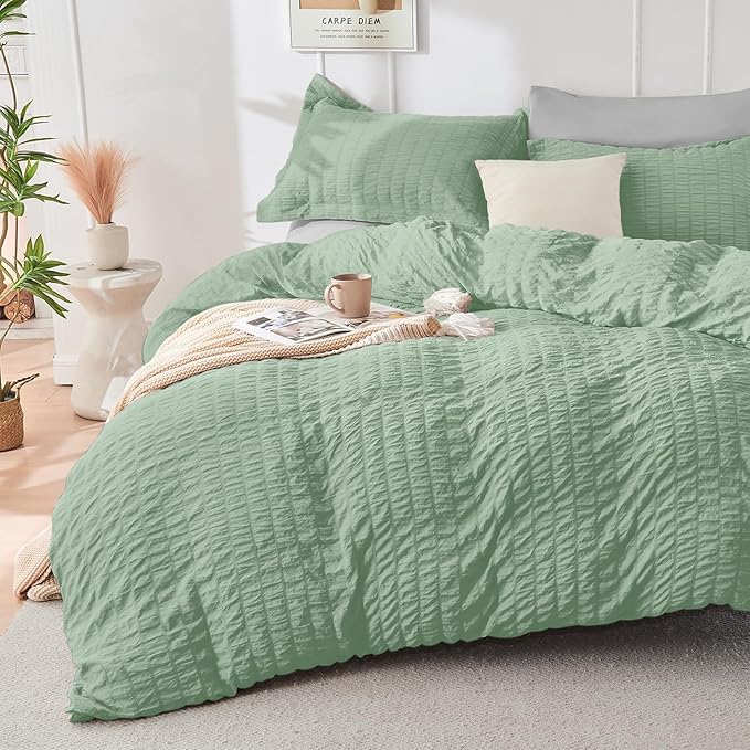 HYMOKEGE Sage Green/Light Grey King Size Comforter Set Seersucker 7 Pieces - Image 2