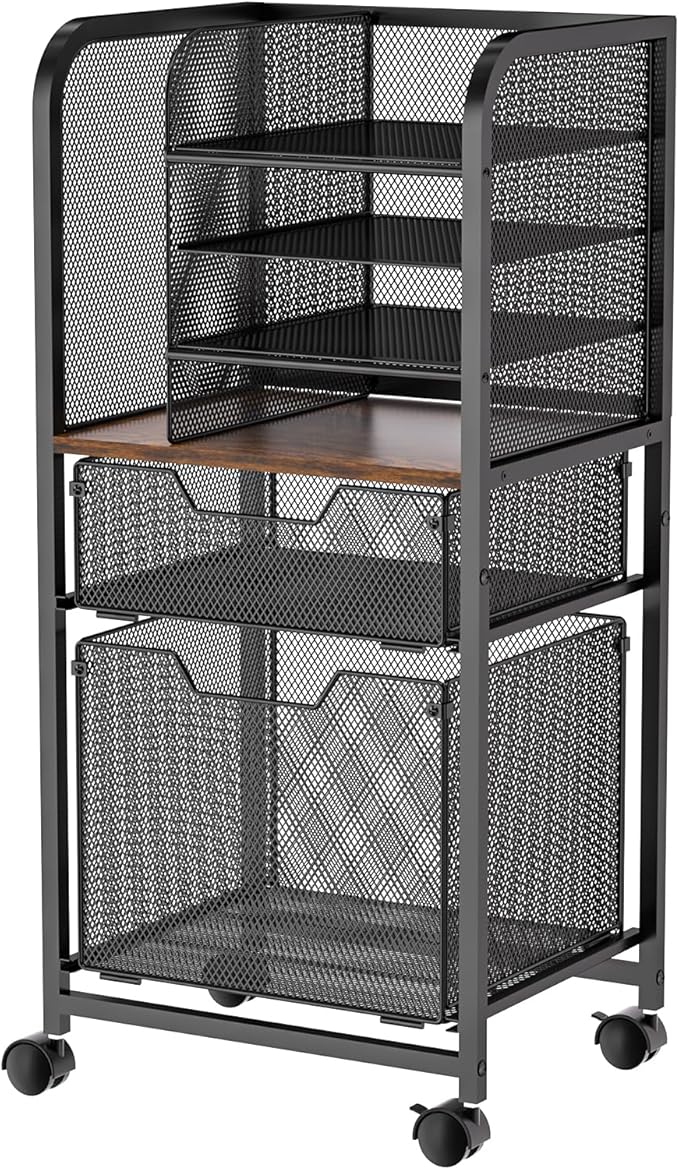 Feyejade 6-Tier Rolling File Cart with 2 Drawers, File Cabinet Organizer for Hanging File Folders, Letter-Size File Storage with Wheels, Multi-Layer Mobile Filing Cabinet for Office and Home