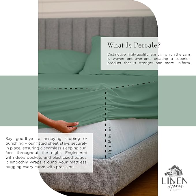 Linen Home 100% Cotton Percale Sheets Twin XL Size, Frosty Green, Deep Pocket - Image 4