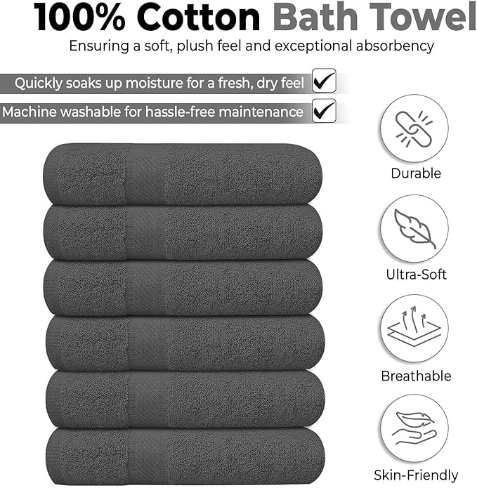 KAHAF COLLECTION 6 Pack Bath Towels Set 100% Ring Spun Cotton, Lightweight - Image 2