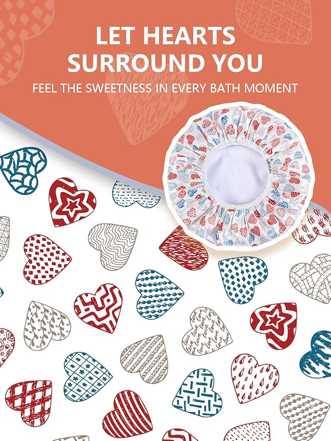 Years calm Terry Lined Shower Cap, Triple Layer Heart Motifs, Waterproof - Image 7