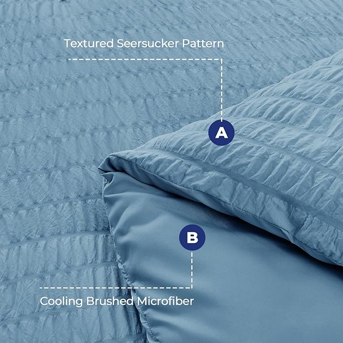 HYMOKEGE Mineral Blue Duvet Cover Queen Size, Ultra Soft 3-Piece Seersucker - Image 3