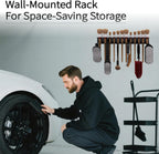 Wall Mount Brush Holder & Tool Hanger Rack for Garage, Detailing Organizer with Mounting Hardware - Holds 12 Brushes + Hooks for Towels & Tools