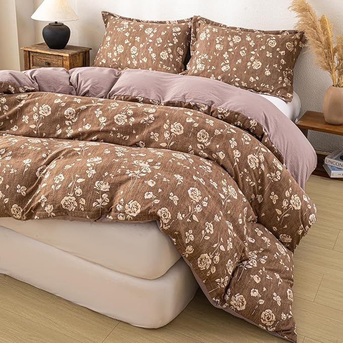OAITE Brown Flower Queen Size Duvet Cover-3 Pieces Prewashed Cotton-Like - Image 5