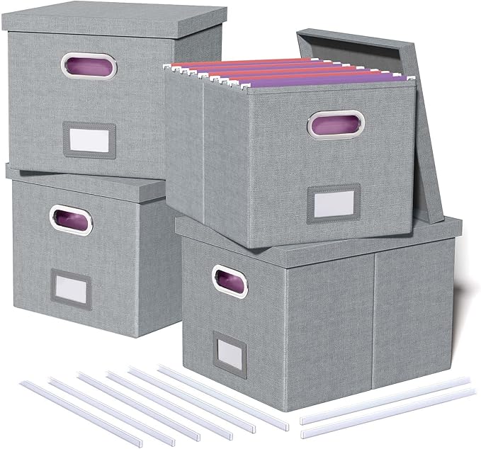 4 Pack File Storage Organizer, Document Organizer, Portable File Box with Lid, Fit for Letter/Legal File Folder Storage,Gray-Box only