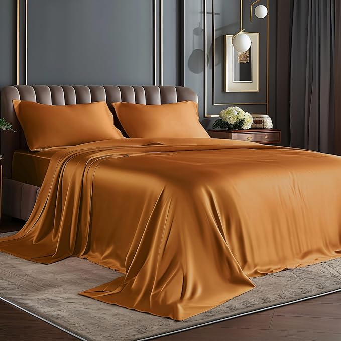 BEDELITE King Size Sheets Set, Luxury Soft Burnt Orange Satin Sheets by BEDELITE