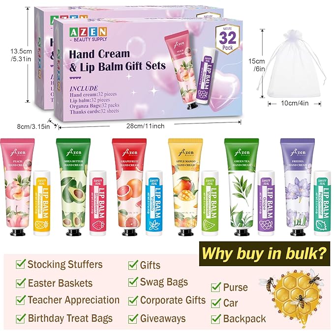 AZEN 64 Sets Bulk Gifts, Hand Cream and Lip Balm Bulk Set - Image 6