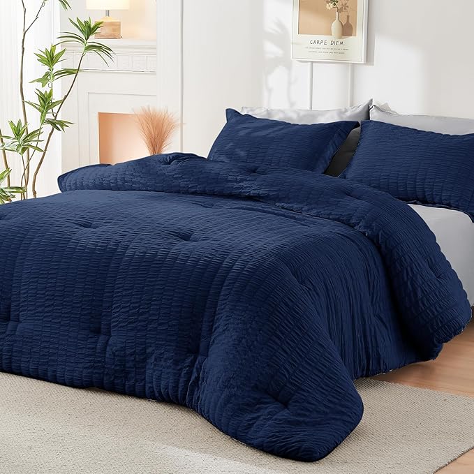 HYMOKEGE Navy Blue/Light Grey Queen Comforter Set Seersucker 7 Pieces, All - Image 8