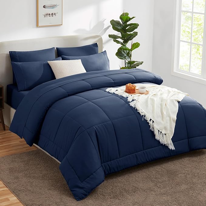 CozyLux California King Comforter Sets Navy Blue, 7 Pieces Cal King Bed in a Bag - Image 8