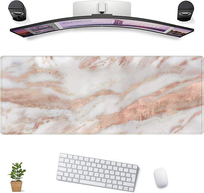 Cute Desk Mat Rose Gold Marble Mouse Pad Gaming XL Large Extended Desk Matt for Desktop Aesthetic Desk Pad, Laptop Keyboard Mouse Mat for Women Office Desk Decor Accessories Deskmat 31.5x11.8 in