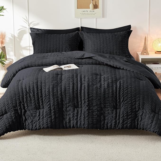 HYMOKEGE Black California King Comforter Set Seersucker 7 Pieces, All Season - Image 9