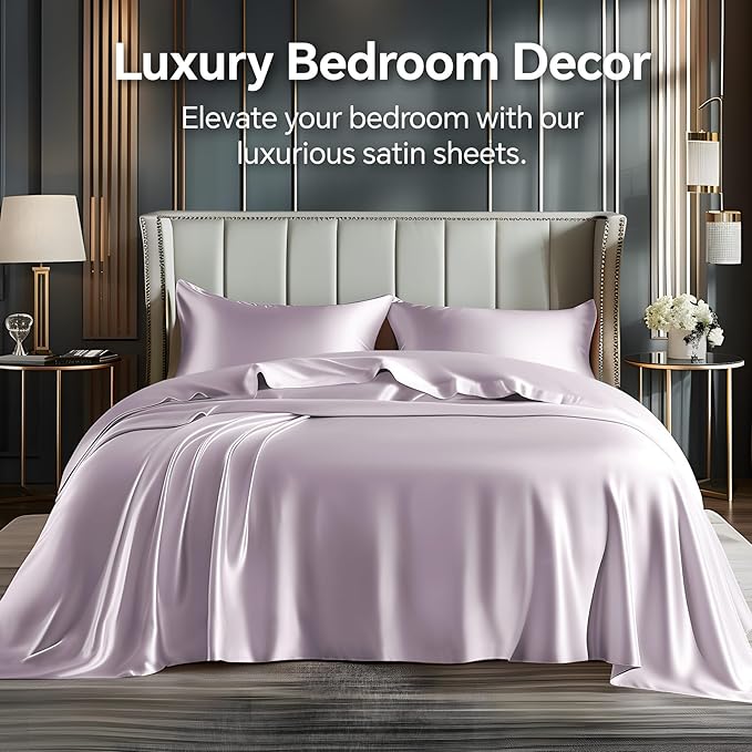 BEDELITE Satin Sheets Queen Size Bed Set, Luxury Soft Lavender Silky Sheets - Image 2