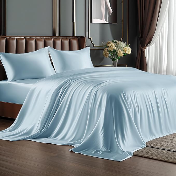 BEDELITE California King Sheets Set, Luxury Soft Light Blue Satin Sheets by BEDELITE