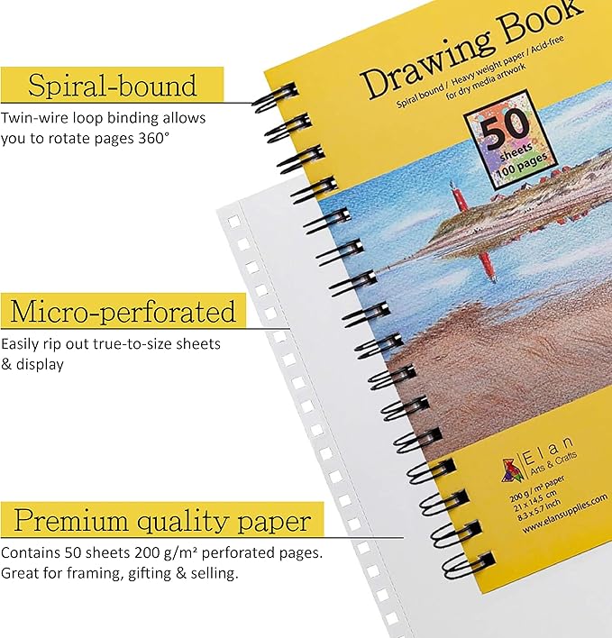 Elan A5 Drawing Book, 50 Sheets Italian Paper 90 lb/200 GSM, Acid-Free Sketch Book 8.3x5.8 Inch, White Drawing Paper Pad, A5 Sketchbook Spiral Bound