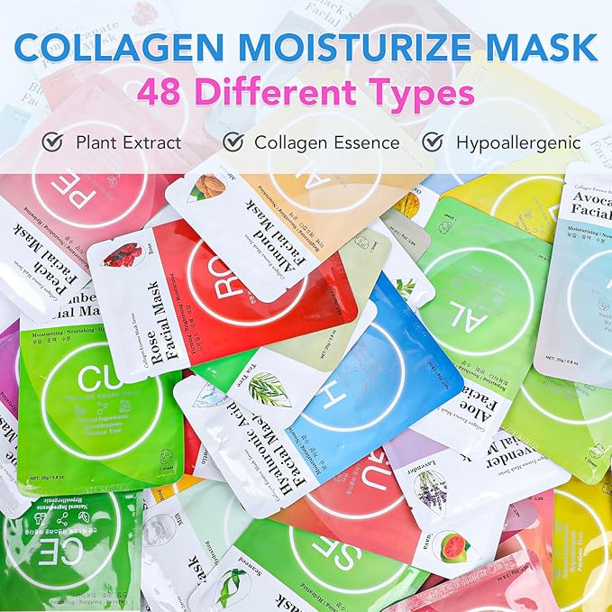 48 Packs Collagen Essence Sheet Facial Masks, Plant Extract and Sodium - Image 2