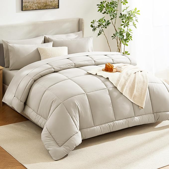 CozyLux King Size Comforter Set Oatmeal, 7 Pieces Bed in a Bag, Oatmeal - Image 8