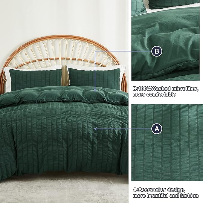 AveLom Dark Green Seersucker Duvet Cover Set Full Size, 3 Pieces, Ultra Soft - Image 7