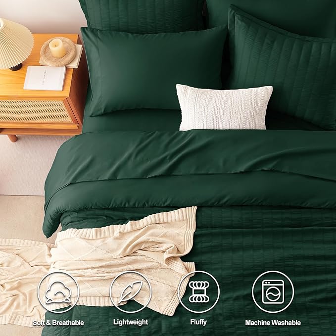 CozyLux Queen Comforter Set Emerald Green Seersucker 7 Pieces Bed in a Bag - Image 2