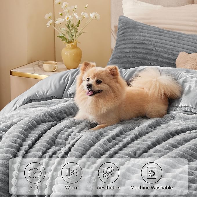 BEDELITE Fleece Twin Comforter Set -Super Soft & Warm Fluffy Light Grey Bedding - Image 3