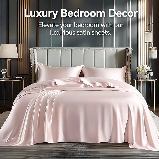 BEDELITE King Size Sheets Set, Luxury Soft Pink Satin Sheets - Image 2