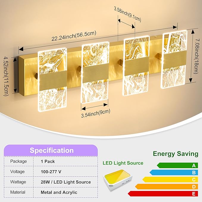 Modern LED Bathroom Light Fixtures Dimmable 4-Light Gold Vanity Light, 5CCT - Image 6