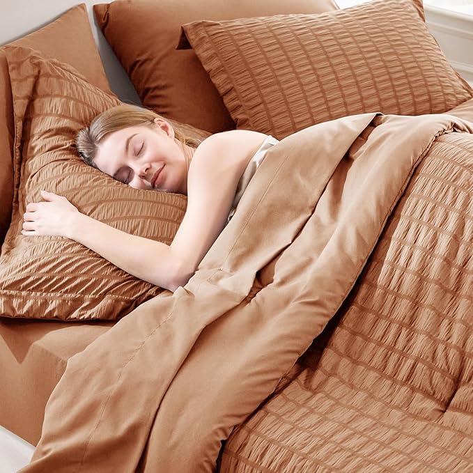 CozyLux King Size Comforter Set Pumpkin Seersucker 7 Pieces Bed in a Bag King - Image 5
