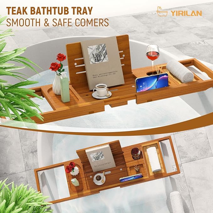 Yirilan Teak Bathtub Tray for Tub, Bath Table Tray for Tub Wood, Bathtub Caddy - Image 6
