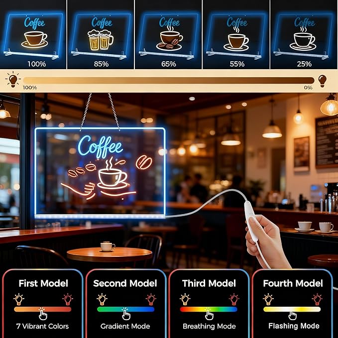 LED Note Board 13.7"x10" - Light Up Acrylic Dry Erase Board with 7 Colors & 4 Modes, Includes Adapter, Hanging Chain, Stand & Markers, Drawing Board for Home & Classroom, Creative Gift for Teens