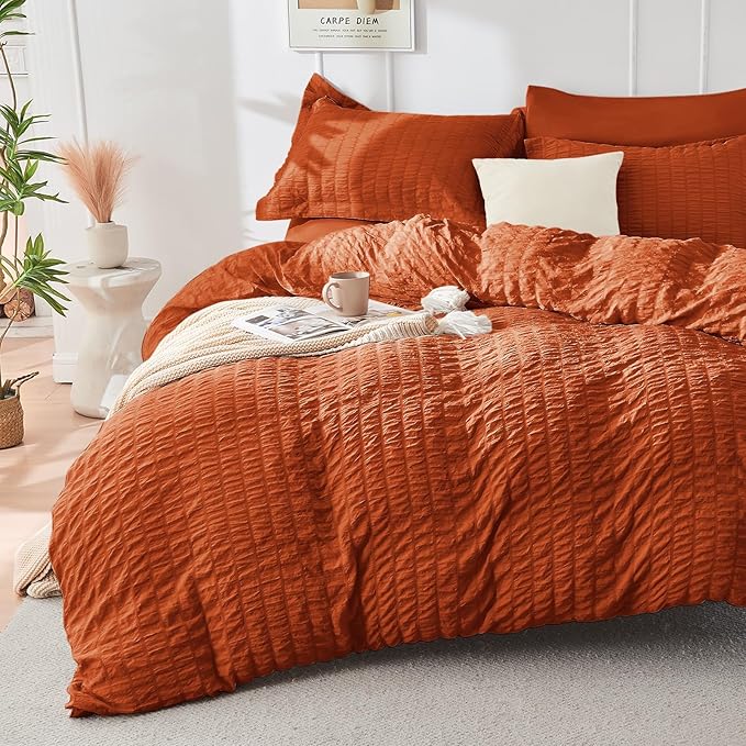 HYMOKEGE Burnt Orange California King Comforter Set Seersucker 7 Pieces - Image 2