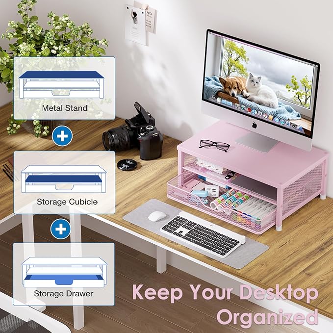 OPNICE Computer Monitor Stand Riser, Desk Organizer with Drawer, Laptop Stand, Office Desk Accessories & Workspace Desktop Organizers Storage for Office Supplies(Pink)