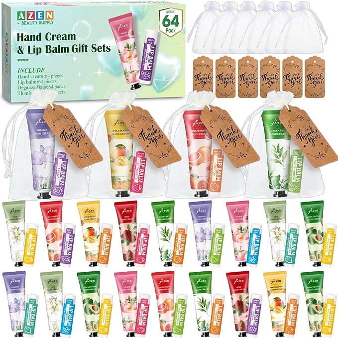 AZEN 64 Sets Bulk Gifts, Hand Cream and Lip Balm Bulk Set by AZEN