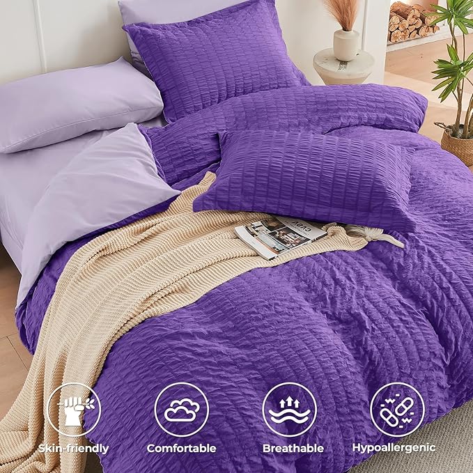 HYMOKEGE Dark Purple/Lavender California King Comforter Set Seersucker 7 Pieces - Image 3